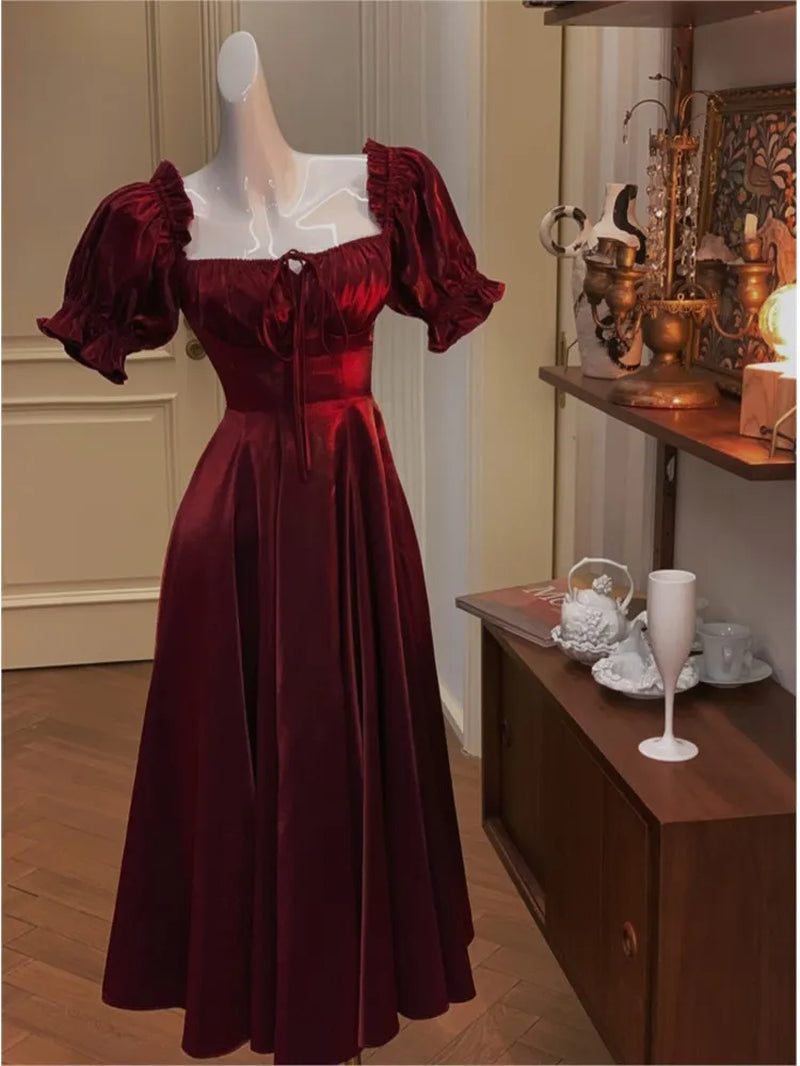 French Vintage Burgundy Evening Party Dress Women 2023 Summer Elegant Romantic Prom Vestidos Korean A-Line Graduation Dresses-Gennys fashion