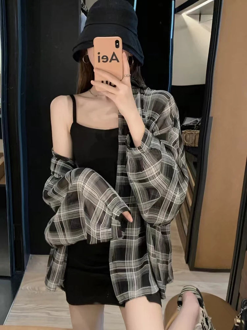 Blouses Women Plaid Chic Daily Outwear Loose Vacation Elegant Simple Long Sleeve Shirts Ladies Korean Summer Sun-Proof Shirt-Gennys fashion