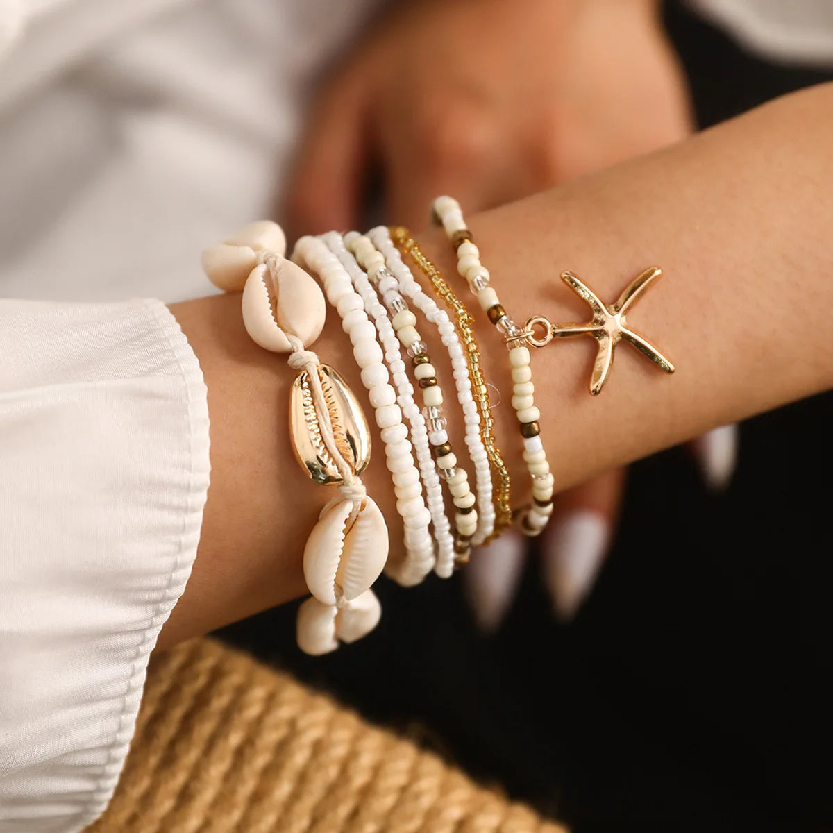 7 Pcs Stackable Starfish Pendant Bracelet Set with Mini Seed Beads - Handcrafted Beach Jewelry for Women-Gennys fashion