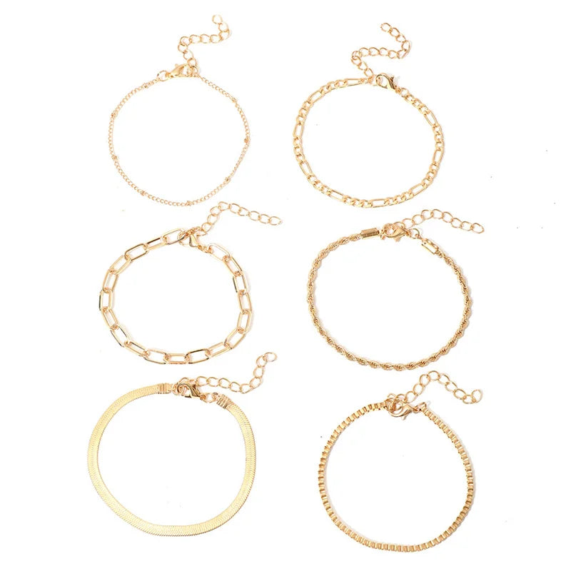 6Pcs Gold Color Bracelet Set Boho Retro Thick Twist Cuban Chain Bracelet for Women 2023 Trendy Quality Jewelry Gifts-Gennys fashion