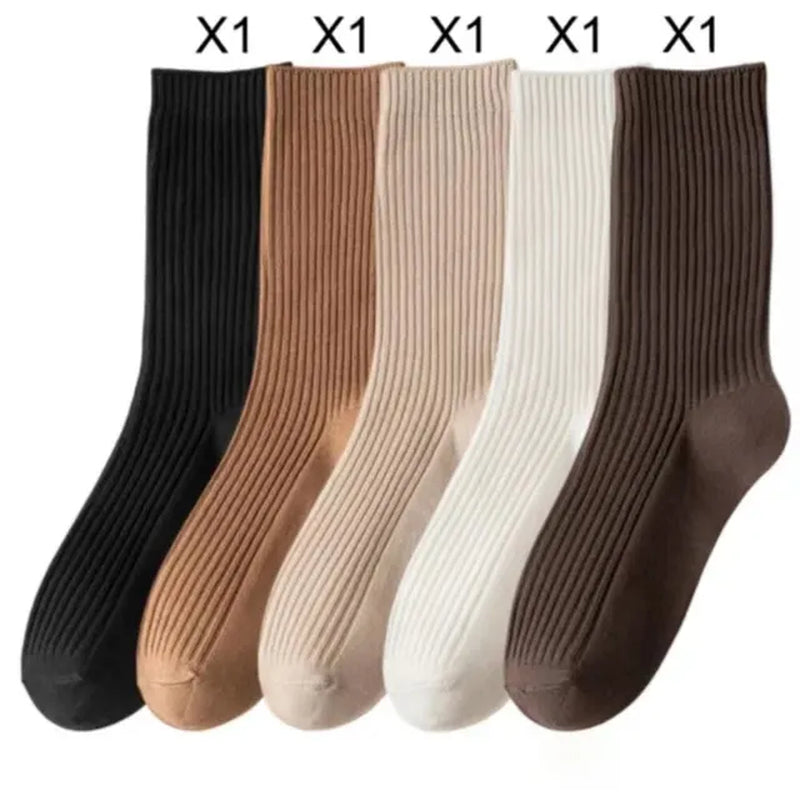 5 Pairs Solid Color Women'S Mid Length Socks Leisure High Quality Spring Autumn Simplicity Stripe Soft Breathable Women'S Socks-Gennys fashion