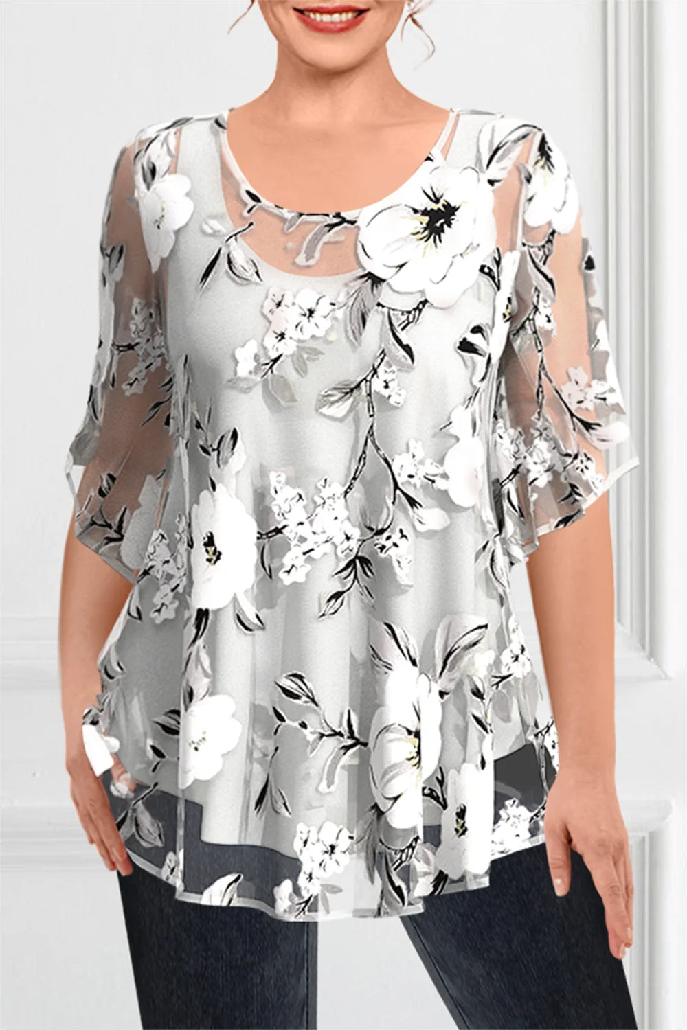 Plus Size Women'S Casual Shirts Floral Printed Chiffon Ruffle Short Sleeves Layered Asymmetric Hem Round-Neck Daily Commuter Top-Gennys fashion