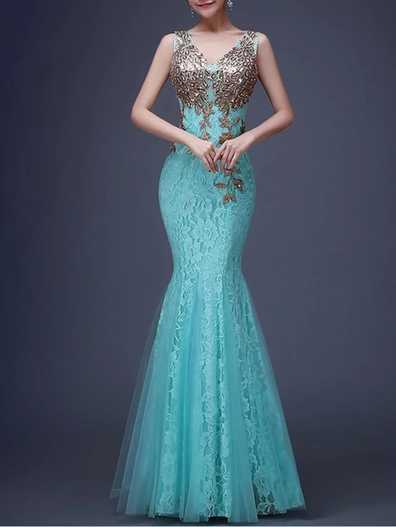 Lace Evening Dress Mermaid Sleeveless Tulle Formal Dress Double V-Neck Robe De Soriee Floor-Length Party Prom Gown Elegant Women-Gennys fashion