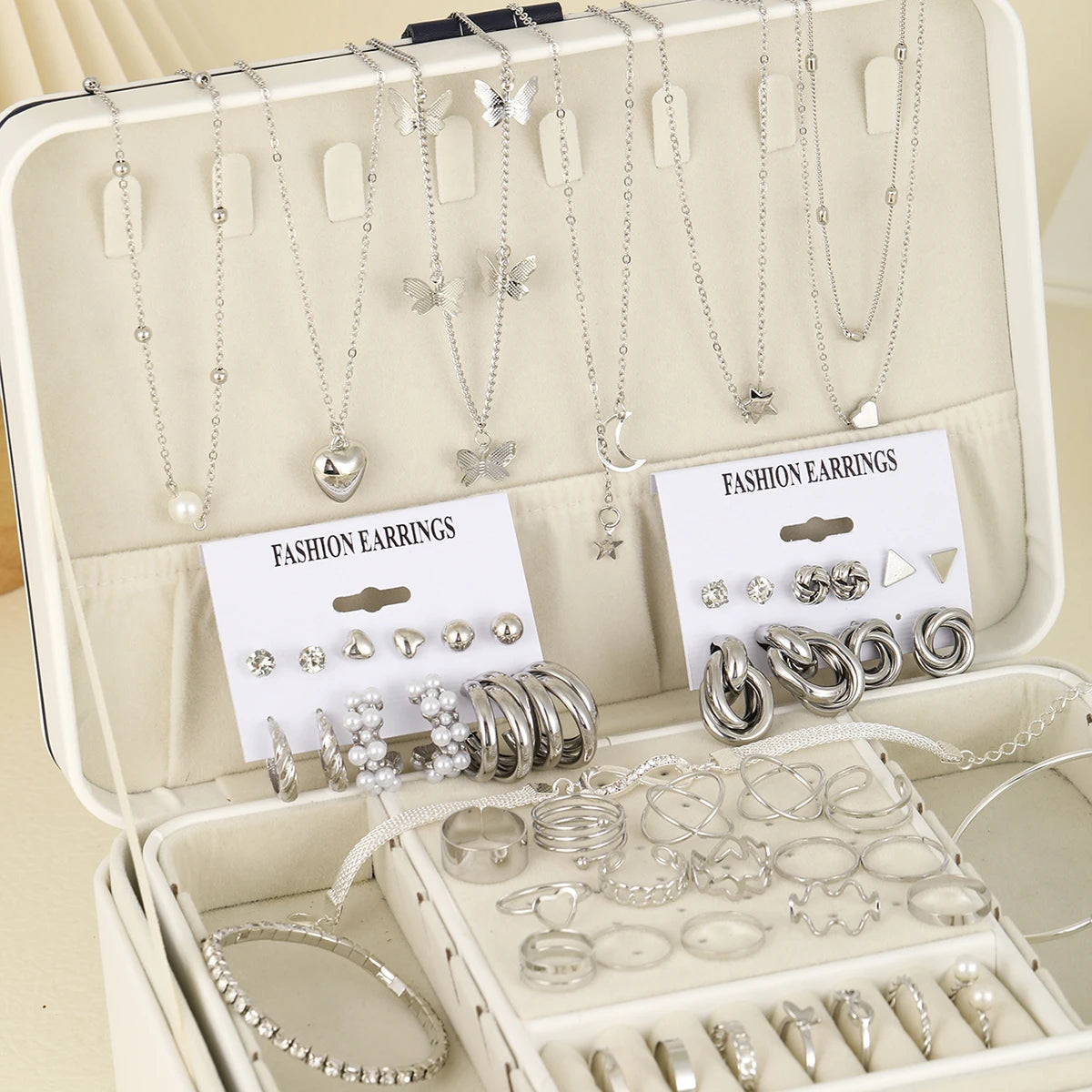 53 Pcs Boho Vintage Jewelry Sets for Women Elegant Silver Color Pearl Zircon Geometric Earring Ring Necklace Bracelet Daily Wear-Gennys fashion
