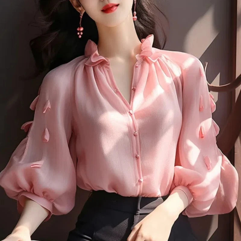 Spring Autumn New Fashion Solid V-Neck Long Sleeve Shirts Women'S Clothing Puff Sleeve Patchwork Cardigan Korean Thin Blouses-Gennys fashion