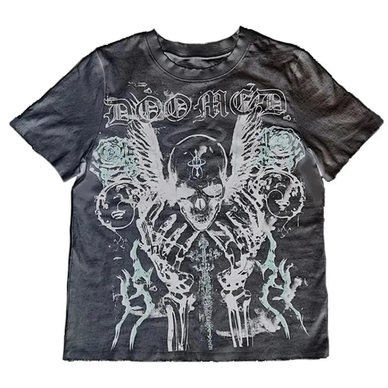 Retro Skull Large Pattern Short-Sleeved T-Shirt High Street Dark Punk Y2K 90S Harajuku round Neck Oversize Loose Tops Clothes-Gennys fashion