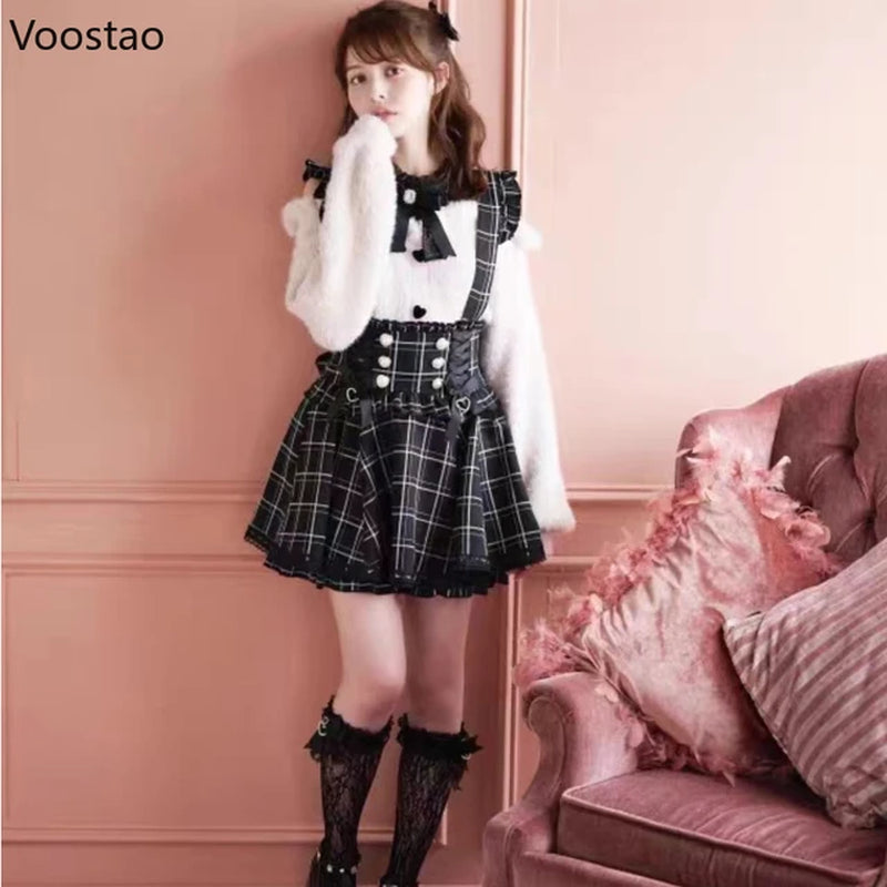 Japanese Gothic Lolita Ribbon Bow Diamond Pearl Buckle Removable Short Suspender Skirt Girls Sweet Cute Lace A-Line Mini Skirts-Gennys fashion