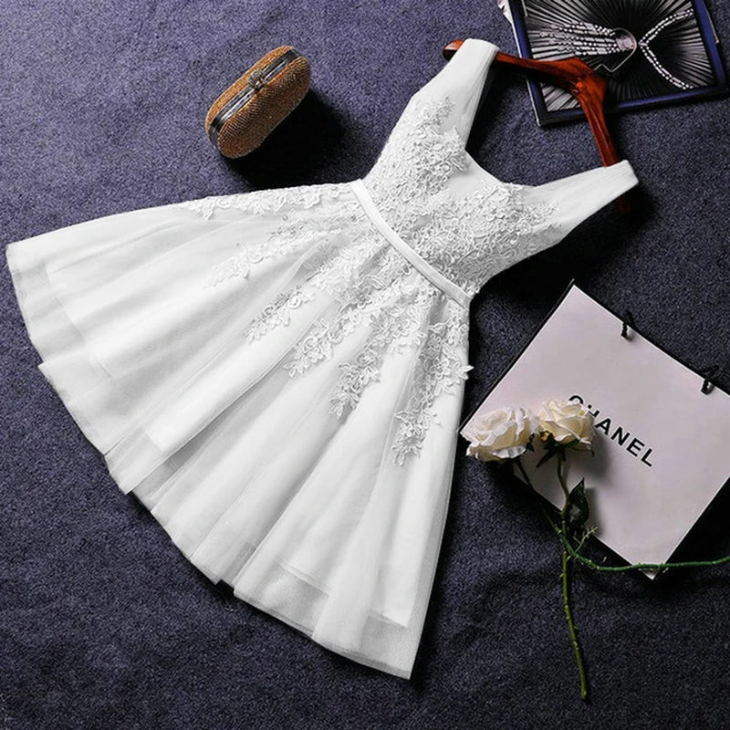 S0125 Prom Dress Short Pink Bridesmaid Dresses Beadings Sexy Neck Lace up Pearls Wedding Party Graduation Gowns-Gennys fashion