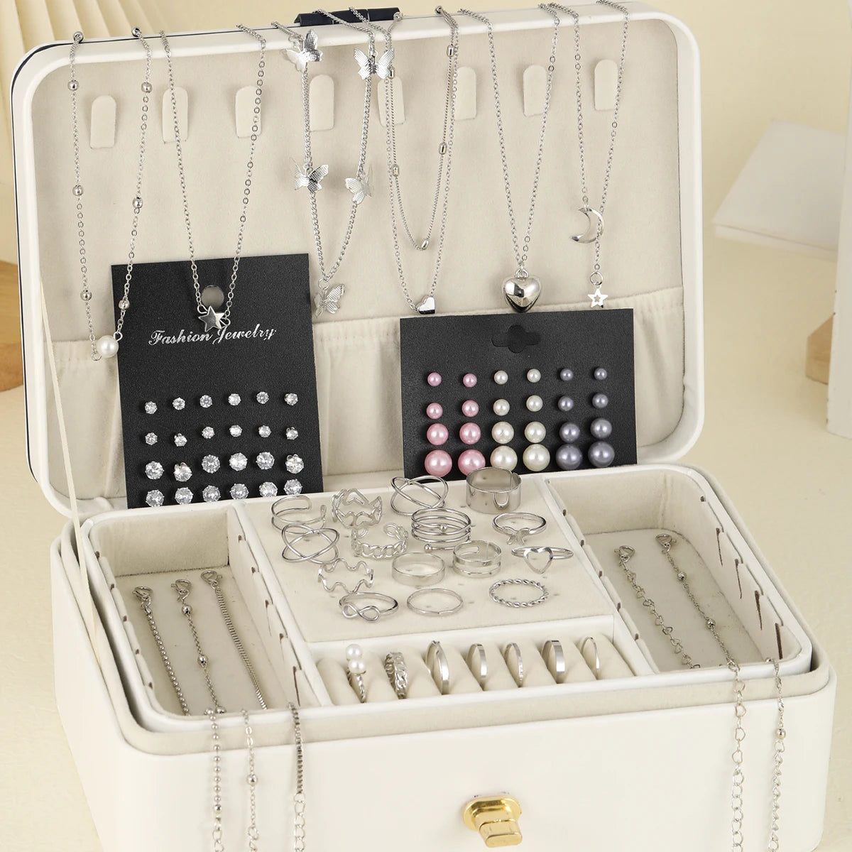 81 Pcs Vintage Elegant Imitation Pearl Zircon Butterfly Pendant Earrings Ring Necklace Bracelet for Women Daily Wear Jewelry Set-Gennys fashion