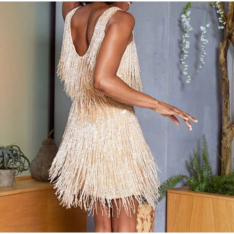 2023 New Sexy Tassel Sequins Feather Mini Dress Women Spaghetti Strap Stitching Dresses Female Elegant Evening Party Club Dress-Gennys fashion