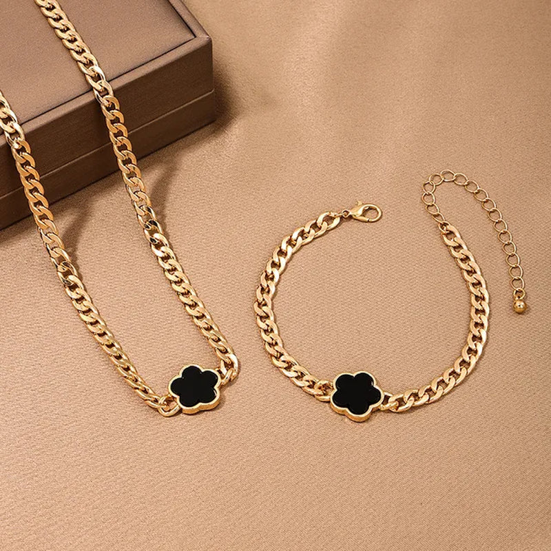 Lucky Five-Petal Flower Clover Earrings Necklace Ring Bracelet Four-Piece Set for Woman Fashionable Accessories Party Jewelry-Gennys fashion