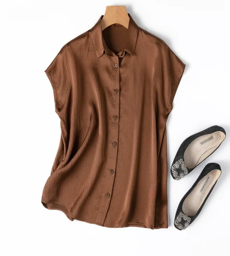 Women 100% Mulberry Silk 20 Momme Heavy Silk Peacock Blue Collared Short Sleeve Buttons down Shirt Top Blouse Office Work MM567-Gennys fashion