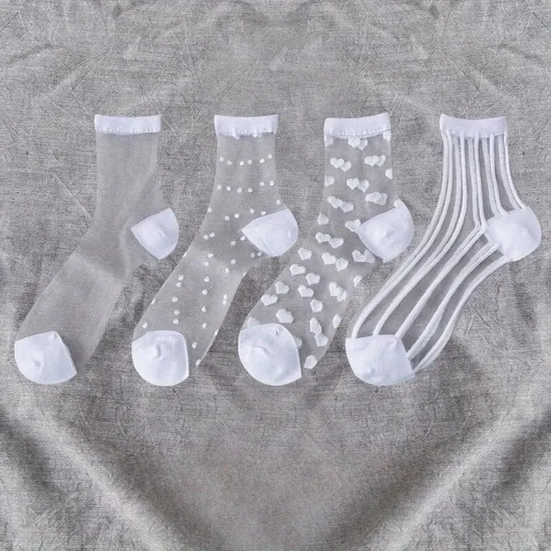 4Pairs Transparent Glass Silk Stockings Children Socks Retro Polka-Dot Love Vertical Bar Spring and Summer Thin Card Silk Japane-Gennys fashion