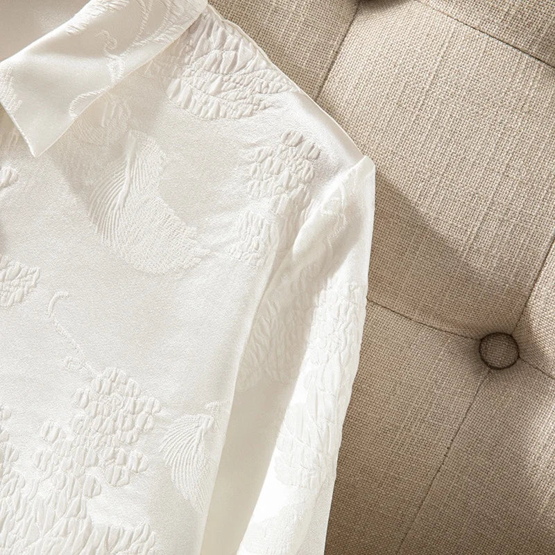 2024 Women'S Fashion Spring/Summer New 93%Natural Silk Square Neck Long Sleeved Crowne Crepe Embossed Jacquard Splendid Shirt-Gennys fashion