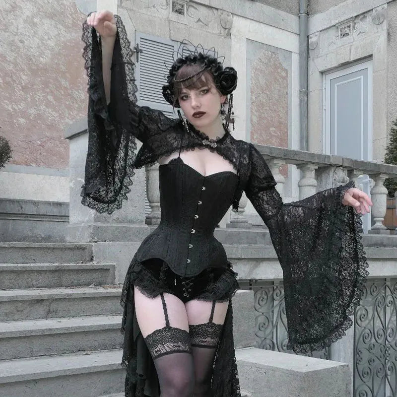 Women'S Gothic Tops New 2023 Women'S Flared Sleeve Loose Sexy Lace Hollow Buttoned Silk Blouse Female-Gennys fashion