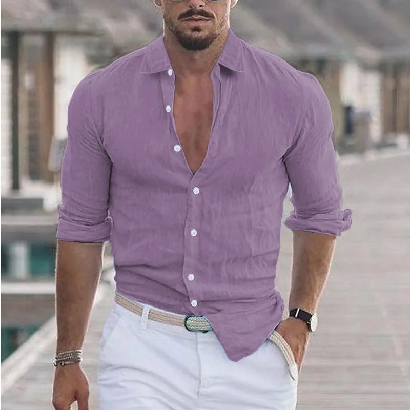 Men'S Summer Cotton and Linen Loose Lapel Beach Shirt Casual Lazy Long Sleeve Solid Color Hawaiian Campfire Holiday Wear-Gennys fashion