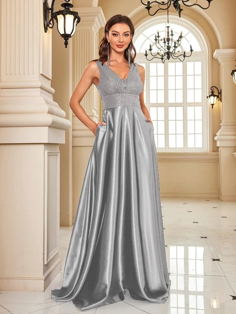 Lucyinlove Elegant Sequins Evening Dress for Women 2024 Deep V-Neck Satin Prom Party Green Dress Floor Length Blue Formal Gowns-Gennys fashion