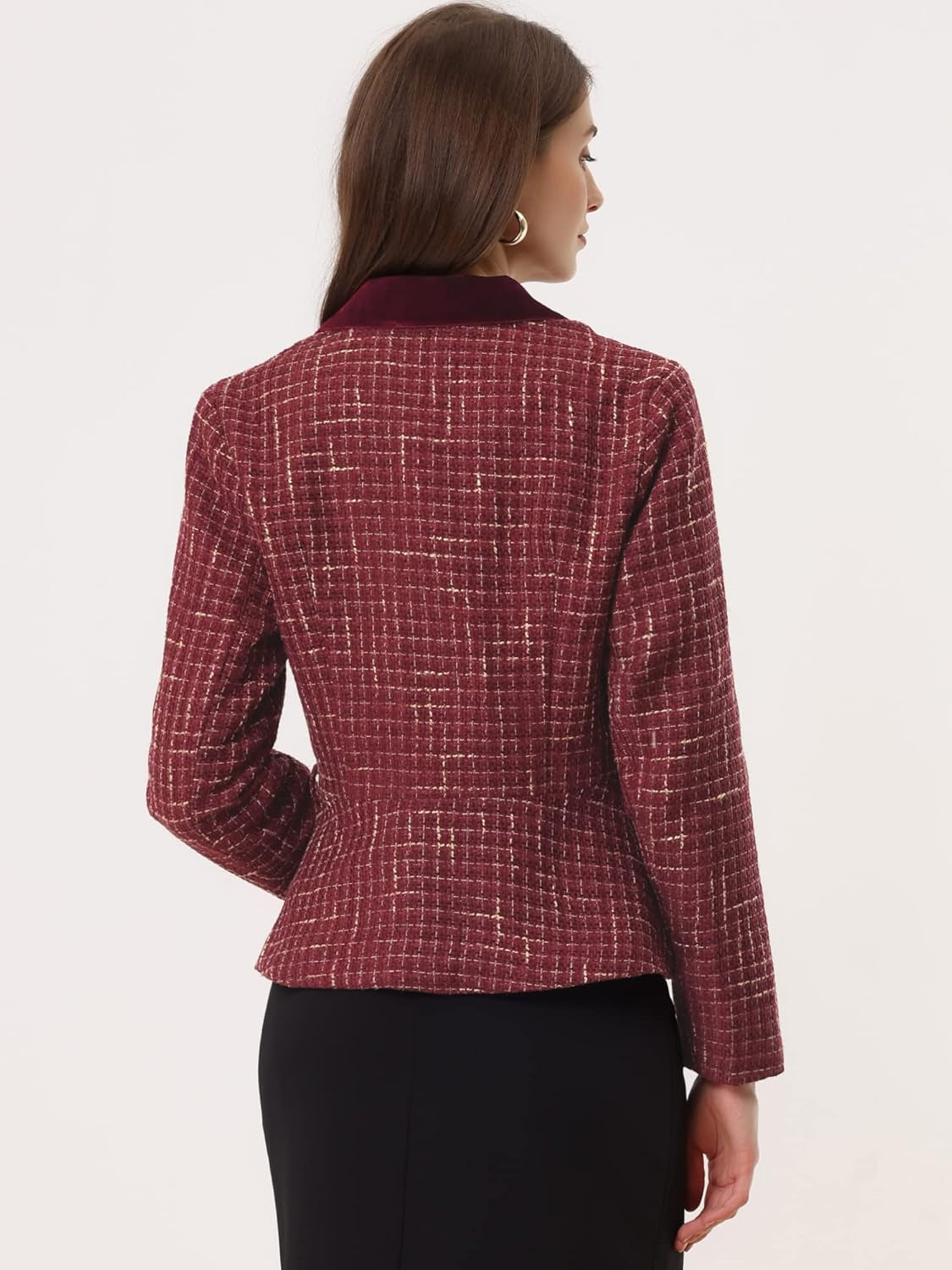 Vintage Tweed Blazer for Women'S Plaid Notched Collar Work Office Jacket Blazers with Belt-Gennys fashion