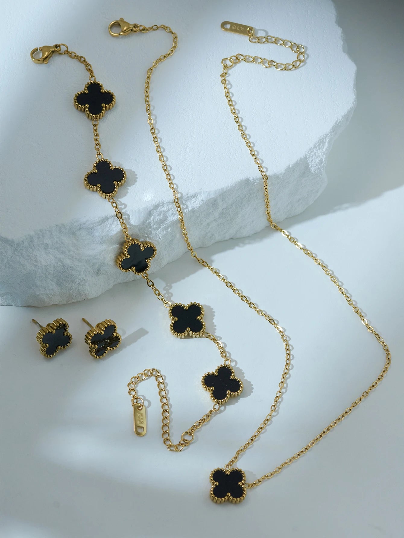 Double-Sided Mother-Of-Pearl Black Four-Leaf Clover Set Women'S 18K Gold Plated High Class Elegant Fashion Jewellery Set-Gennys fashion