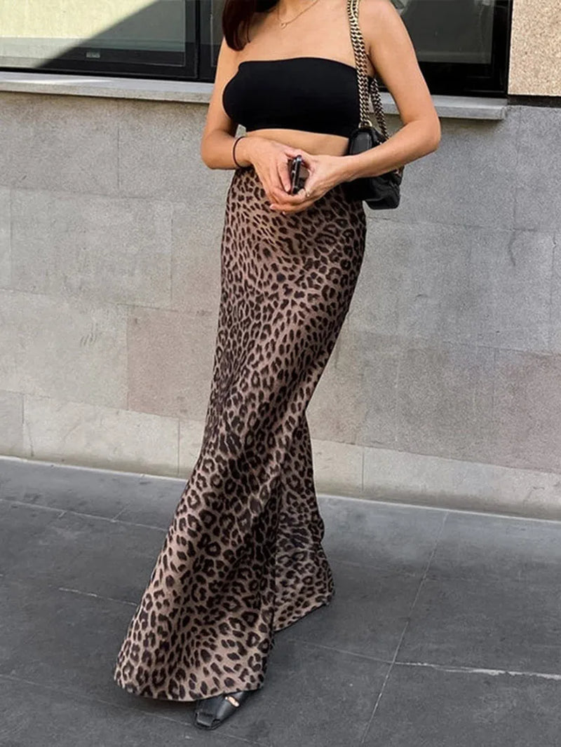 Vintage Leopard Print Trumpet Skirts Female 2024 Street Chic High Waist Long Skirt Spring Office Slim Zipper Skirts-Gennys fashion