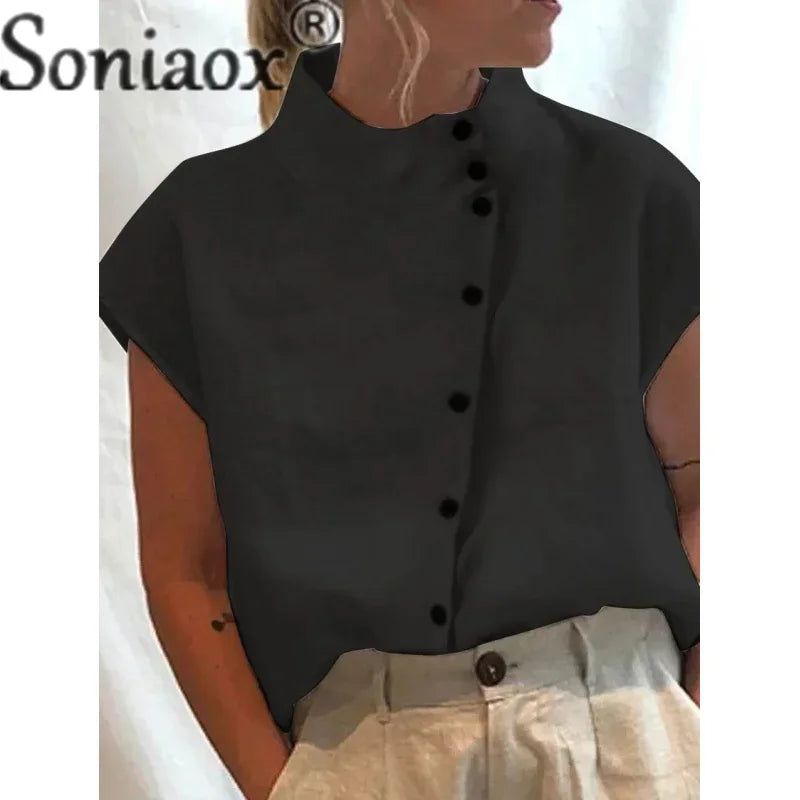 Elegant Cotton Linen Stand Neck Shirt Female 2023 Summer Simple Style Single-Breasted Cardigan Tops Women'S Casual Loose Blouse-Gennys fashion