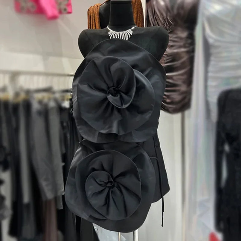 New Sexy Patchwork Appliques Mini Dress for Women Strapless Sleeveless High Waist Spliced Lace up Temperament Dresses Female-Gennys fashion