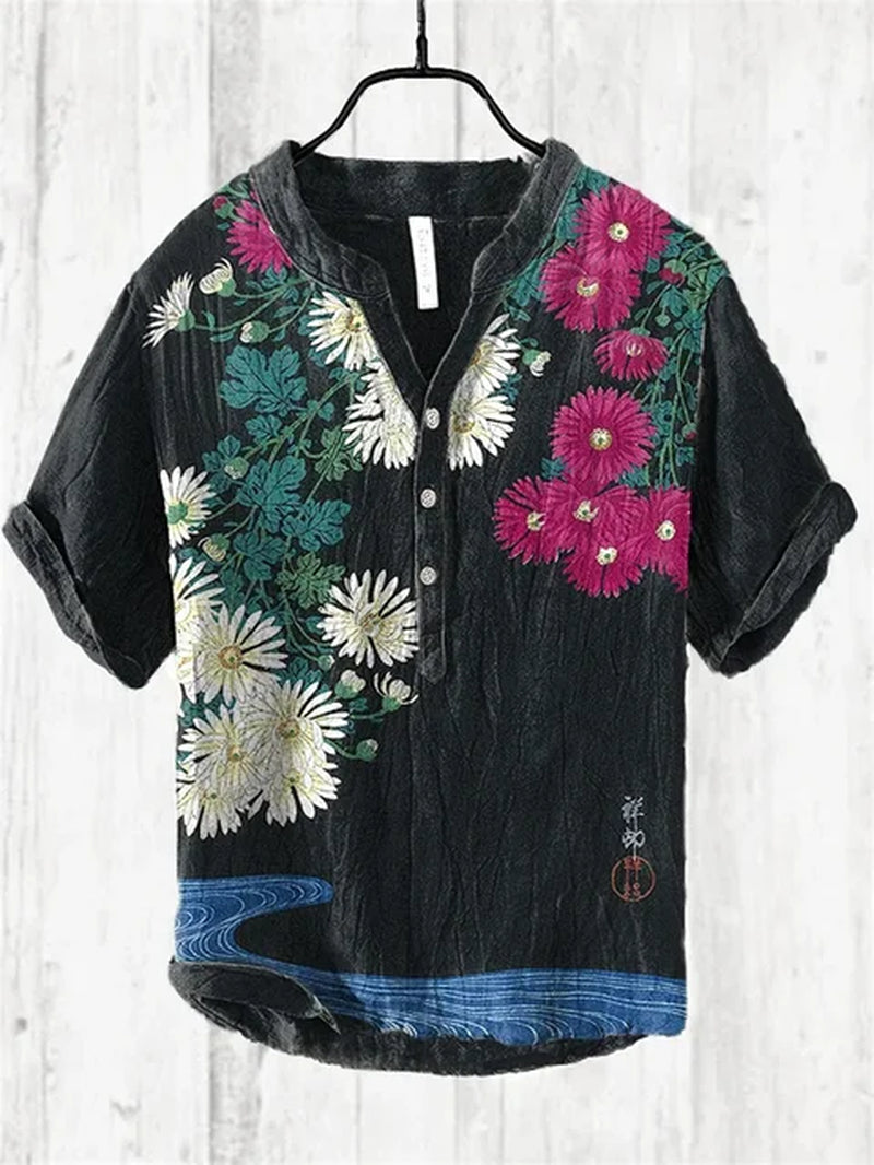 Men'S Retro Hawaiian Art Print Wave Series 3D Digital Printing Casual Loose Short Sleeve Three-Breasted Shirt Linen 100%-Gennys fashion