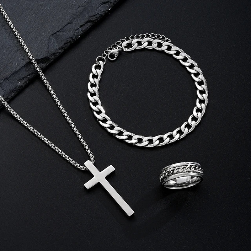 3 Pcs Stainless Steel Bracelet Necklace Ring for Men Women Retro Simple and Personalized Punk Hip Hop Jewelry Set Fashion Gifts-Gennys fashion