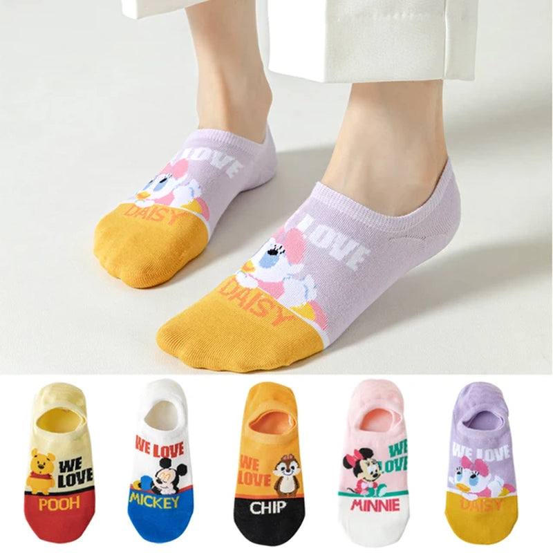 5 Pairs Disney Summer Casual Cute Women Socks Animal Cartoon Mouse Duck Socks Soft Cotton Invisible Funny Socks Size 34-40-Gennys fashion