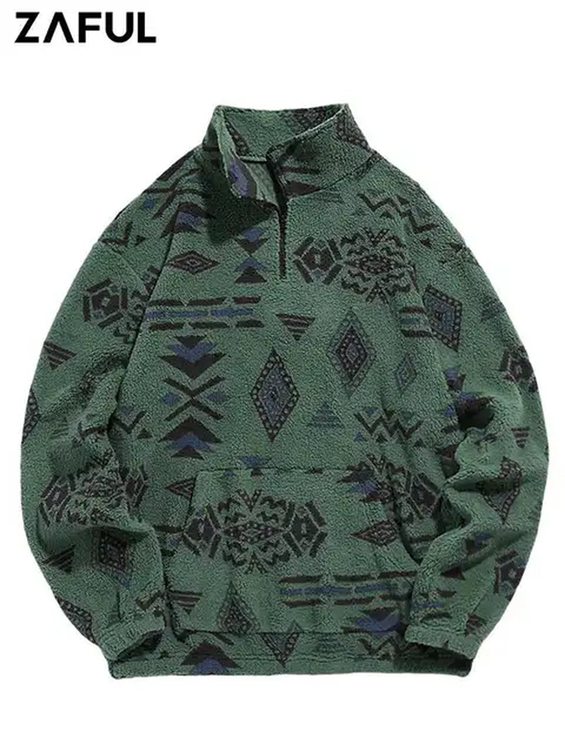 Men'S Turtleneck Hoodie Fuzzy Faux Sherpa Zipper Sweatshirts Ethnic Printed Fluffy Streetwear Pullover Hoodies Z5051921-Gennys fashion