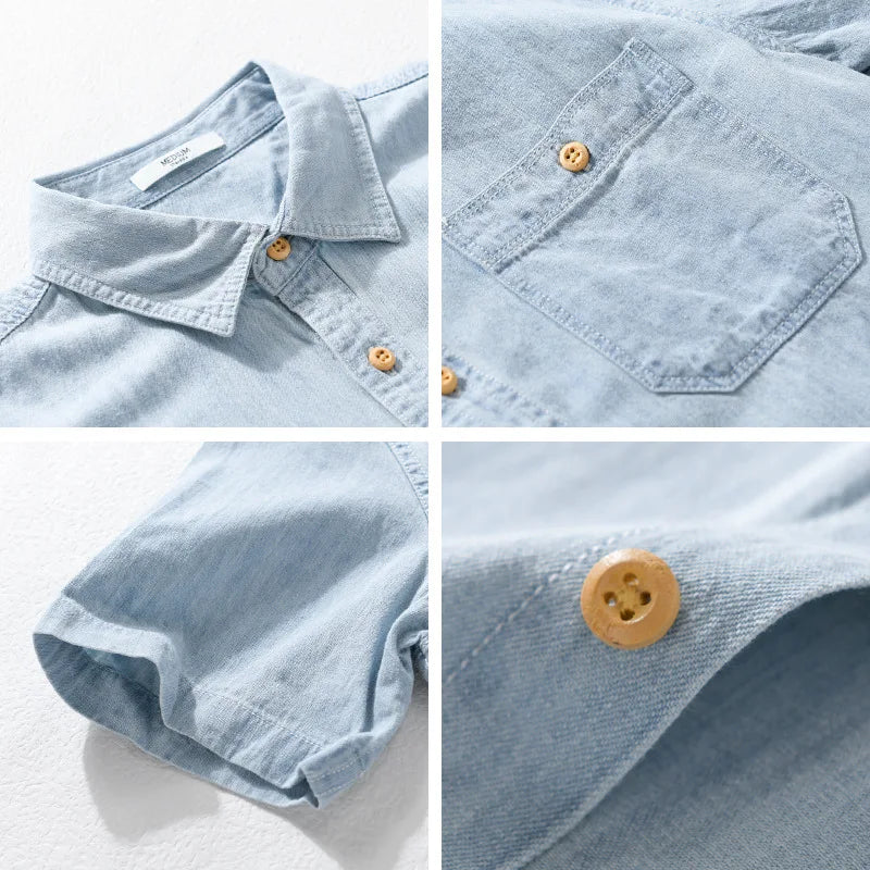 2024 Summer New Casual Denim Short Sleeve Shirts Men Clothing Pure Cotton Slim and Thin Soft Streetwear FY9358-Gennys fashion