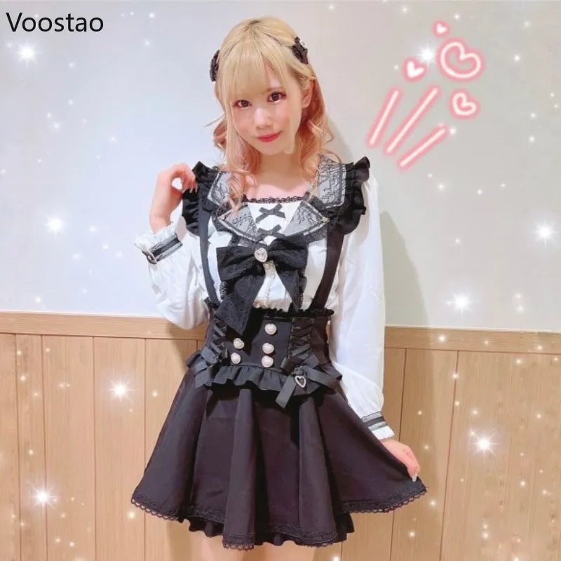 Japanese Gothic Lolita Ribbon Bow Diamond Pearl Buckle Removable Short Suspender Skirt Girls Sweet Cute Lace A-Line Mini Skirts-Gennys fashion