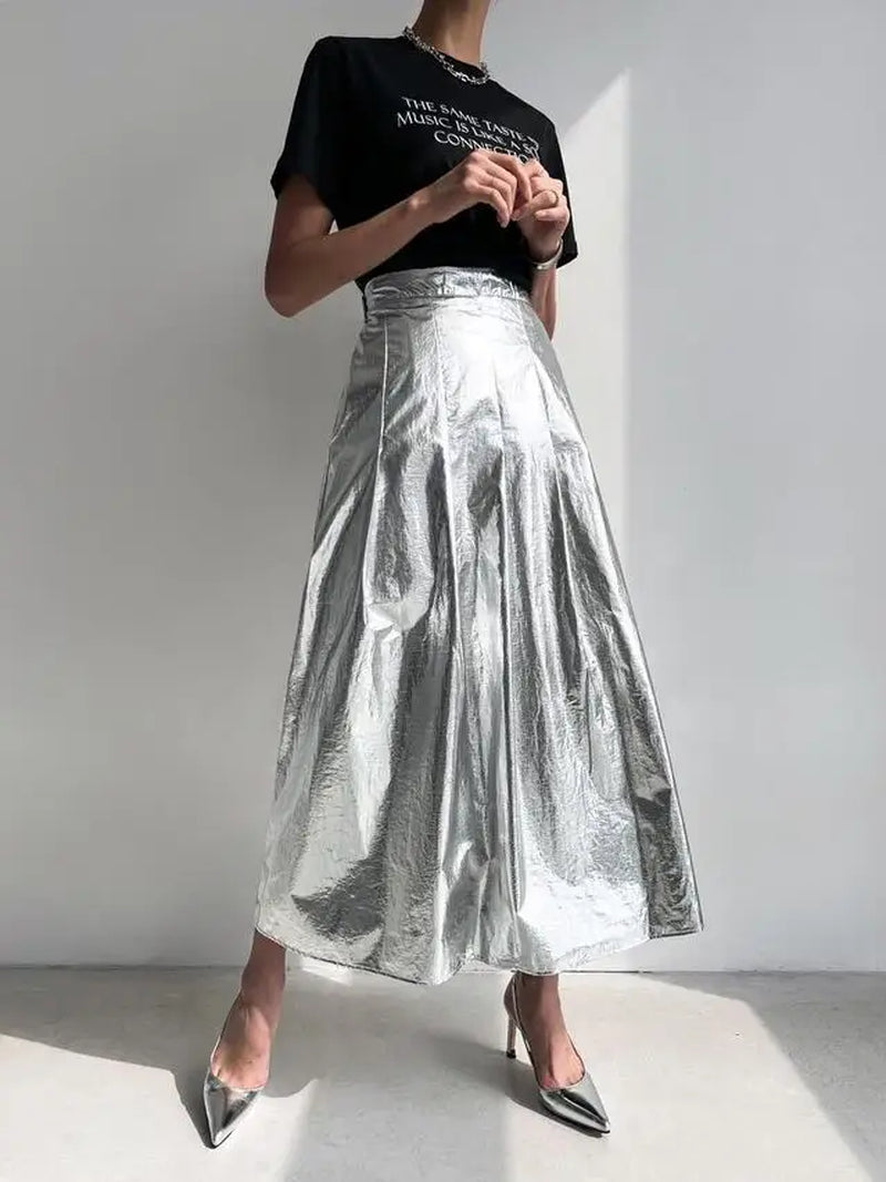 2Colors Women Summer Autumn Pleated Long Skirts for Womens Elastic High Waist Vintage Silver Skirt Female(W10051)-Gennys fashion