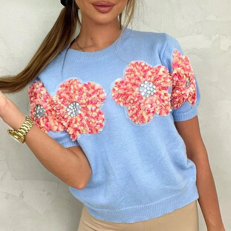 Spring Chic Appliques Flower Knitted Sweater Women Elegant round Neck Office T-Shirt Pullover Fall Sexy Short Sleeve Tops Jumper-Gennys fashion