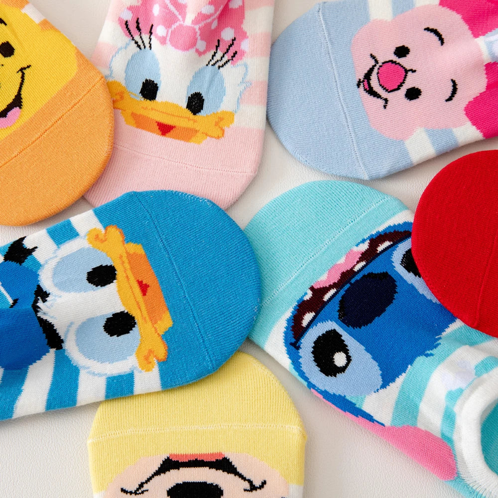 5 Pairs Cotton Woman Sock Mickey Minnie Winnie Daisy Cartoon Girl Slipper Sock Funny Cute Non-Slip Silicone Invisible Ankle Sock-Gennys fashion