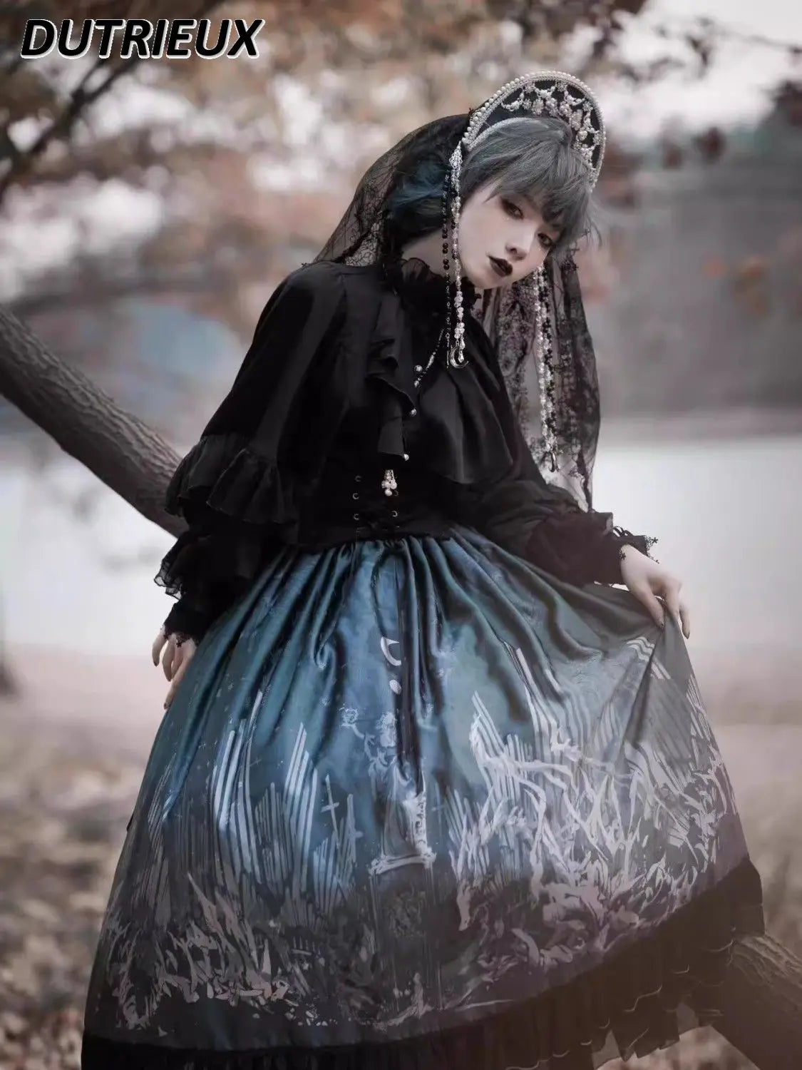 2024 Summer New Dark Black Shirt Blouse Women Harajuku Lolita Cosplay Batwing Sleeve Loose Shirts Ruffled Long Sleeve Top Ladies-Gennys fashion