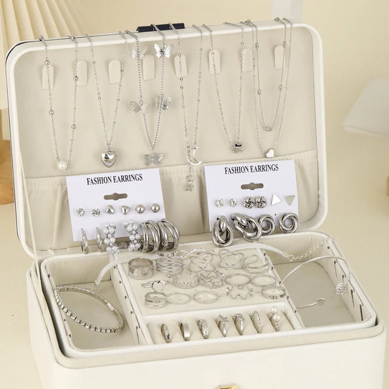 53 Pcs Boho Vintage Jewelry Sets for Women Elegant Silver Color Pearl Zircon Geometric Earring Ring Necklace Bracelet Daily Wear-Gennys fashion