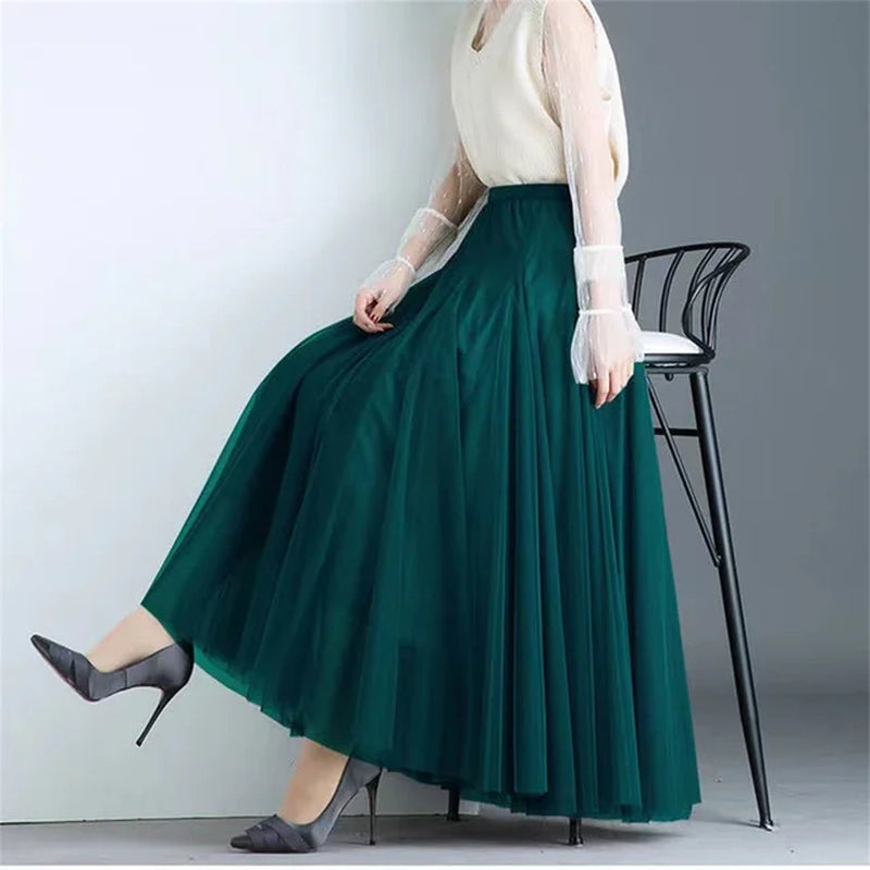 New Women Mesh Elastic Tutu Skirt Beach Spring Summer Korean High Waist Fashion Pleated Long Skirt Black White Tulle Skirts-Gennys fashion