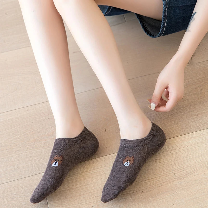 10 Pairs of WOMEN'S Cotton Socks, Casual Breathable Short Socks, and Girls' Cartoon Bear Low Cut Ankle Boat Socks-Gennys fashion