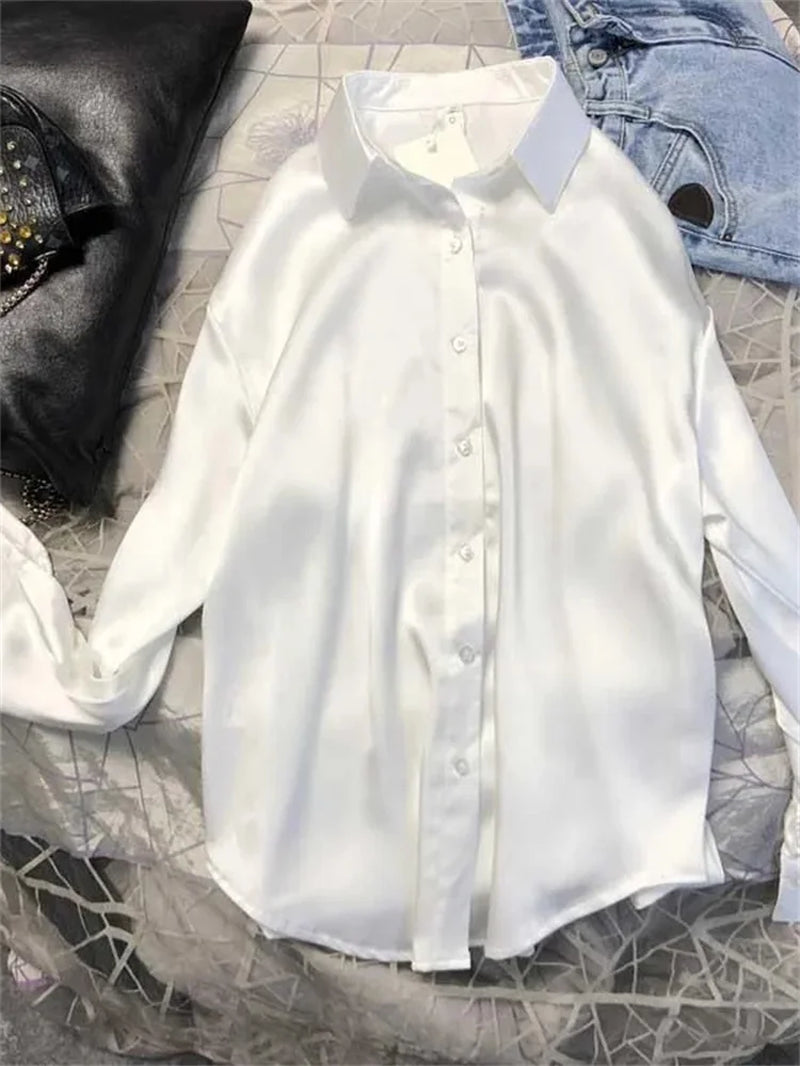 SATIN Long Sleeve Blouse Button up Shirt Women Female Elegant Ladies Tops High Quality Office Lady Silk-Gennys fashion