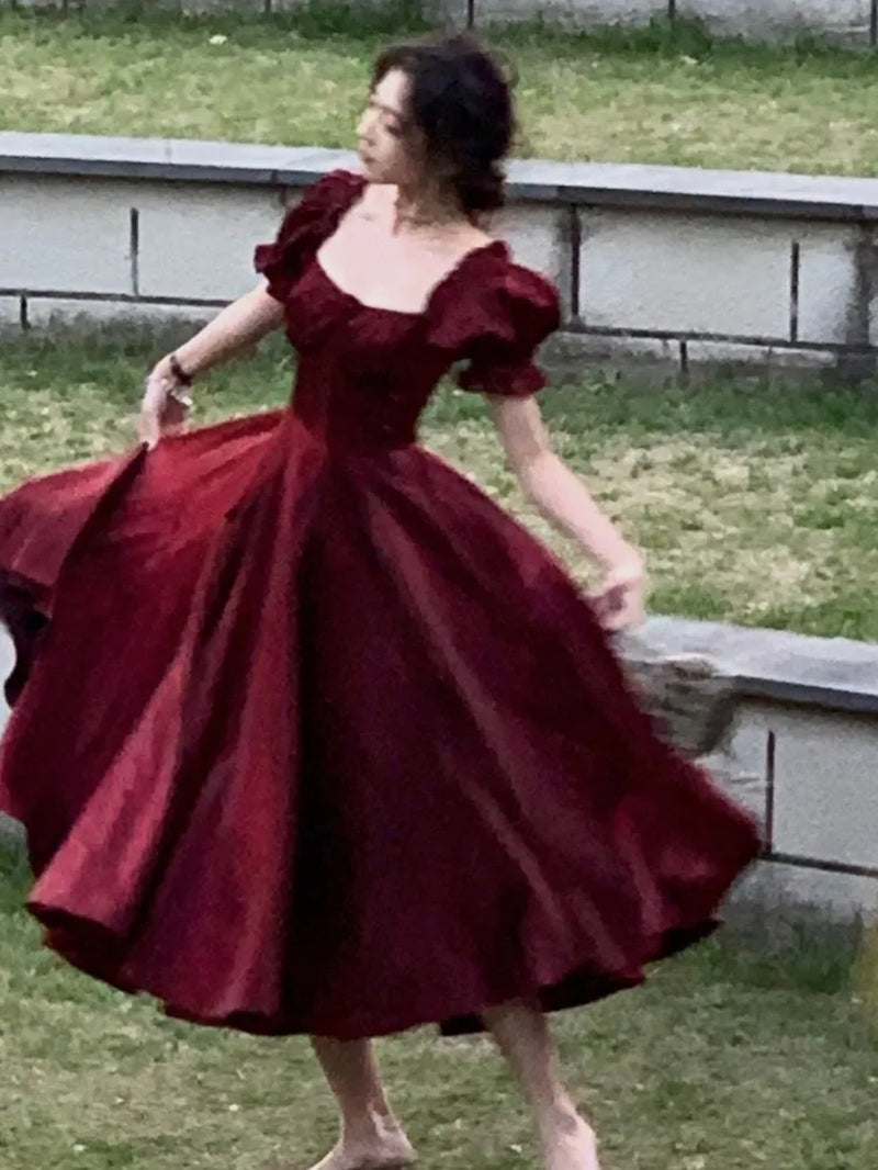 French Vintage Burgundy Evening Party Dress Women 2023 Summer Elegant Romantic Prom Vestidos Korean A-Line Graduation Dresses-Gennys fashion