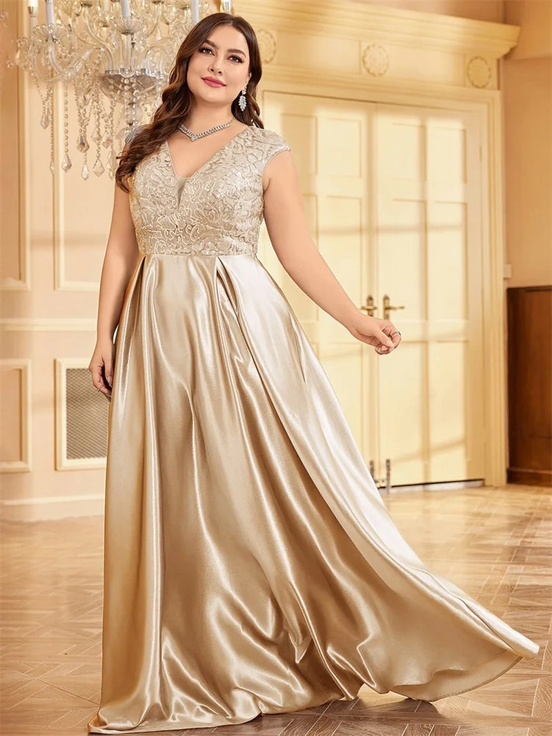 Lucyinlove plus Size Luxury Gold Satin V-Neck Evening Dress Women Satin Wedding Party Prom Floor Lenght Cocktail Dress Gowns-Gennys fashion