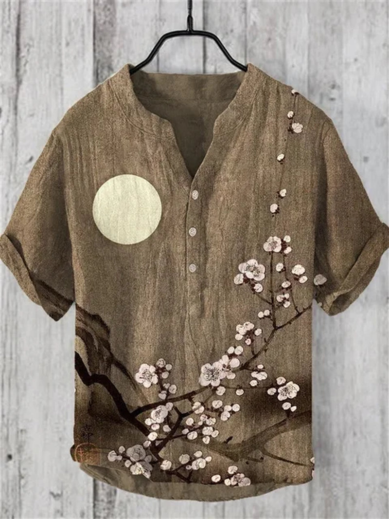 Men'S Retro Hawaiian Art Print Wave Series 3D Digital Printing Casual Loose Short Sleeve Three-Breasted Shirt Linen 100%-Gennys fashion