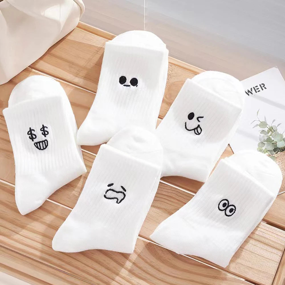 5 Pairs Women'S Cartoon Socks round Neck Mid Tube Fashionable Cute Expression Pattern Socks Casual Breathable Autumn Girls Socks-Gennys fashion