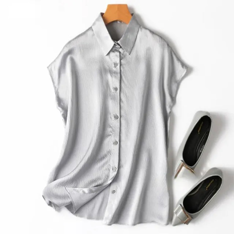 Women 100% Mulberry Silk 20 Momme Heavy Silk Peacock Blue Collared Short Sleeve Buttons down Shirt Top Blouse Office Work MM567-Gennys fashion