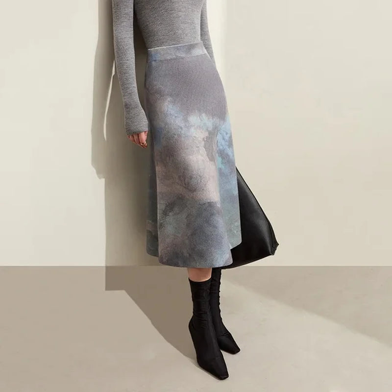 Minimalist Ink Print A-Line Wool Skirt