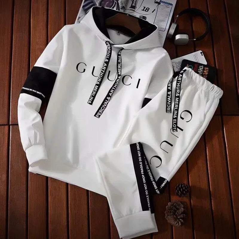 Mens Tracksuit High Quality Fashion Hooded Sweatshirt Sweatpants Casual Trend Print Pullover Classic Black White Jogging Clothes-Gennys fashion
