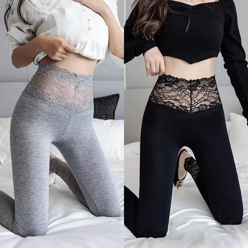 Sexy Women Leggings Modal Cotton Fashion Thin Lace Patchwork Breathbale Legging Stretchy Workout Comfortable Pants Trousers-Gennys fashion