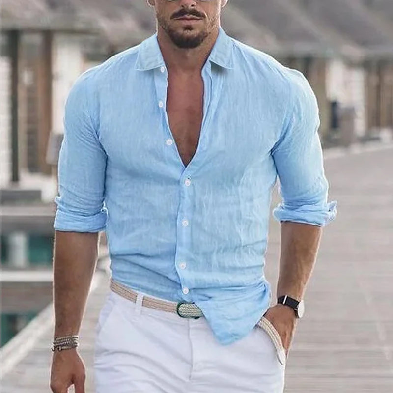 Men'S Summer Cotton and Linen Loose Lapel Beach Shirt Casual Lazy Long Sleeve Solid Color Hawaiian Campfire Holiday Wear-Gennys fashion