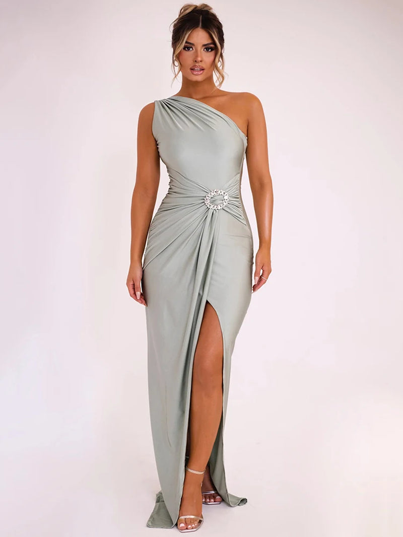 Shiny Brooch Inclined Shoulder Sexy Maxi Dress for Women Fashion Sleeveless Backless Elegant Split Long Dress New-Gennys fashion